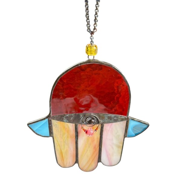 Stained Glass Hamsa Hand Suncatcher Bead Accents Jewish Window Decor Gift 6" - Picture 2 of 12